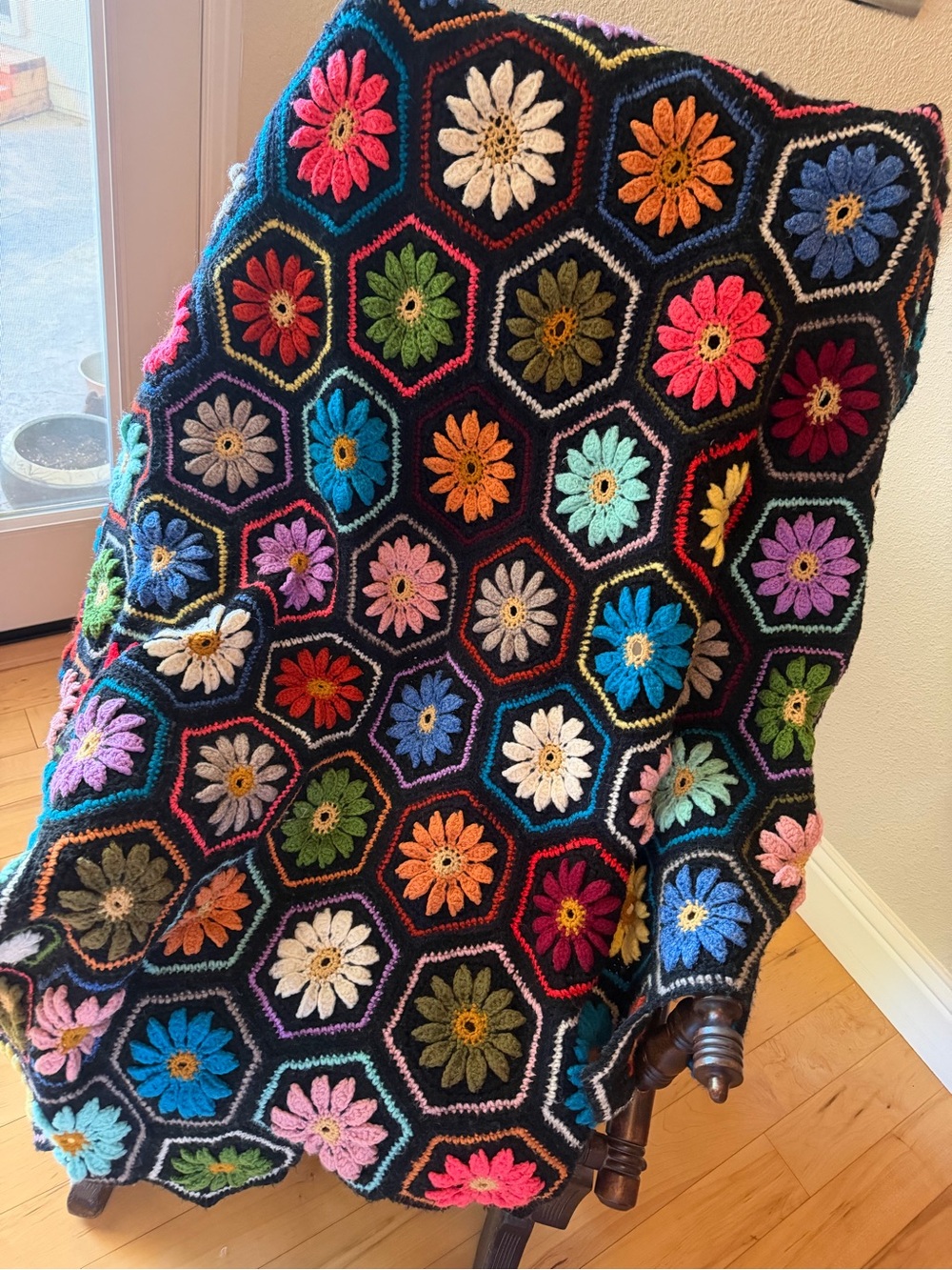 VTG 70s Handmade Crochet Flower Garden Daisy Hexagon Heirloom Afghan Throw Boho